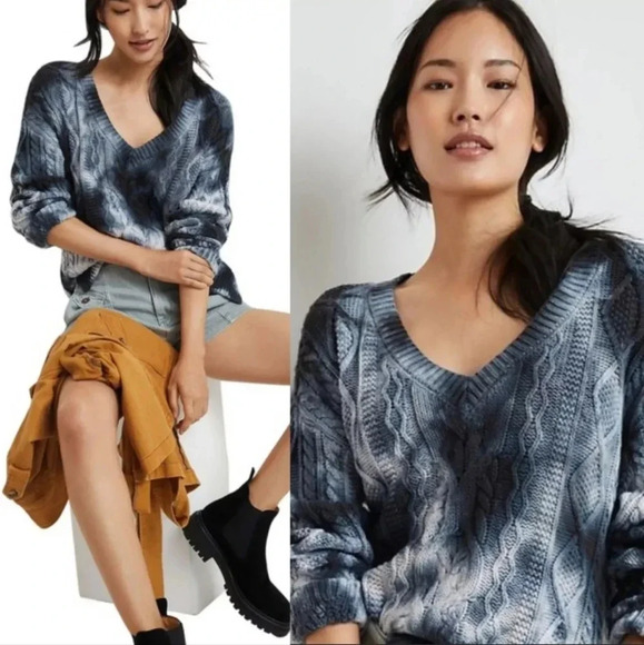 Anthropologie Pilcro Joni Cable Knit V-Neck Tie Dye Navy White Sweater Small - Picture 2 of 10